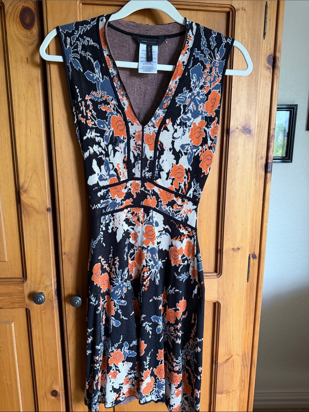 BCBGMaxAzria Black Floral Midi Dress with Orange and Cream Roses